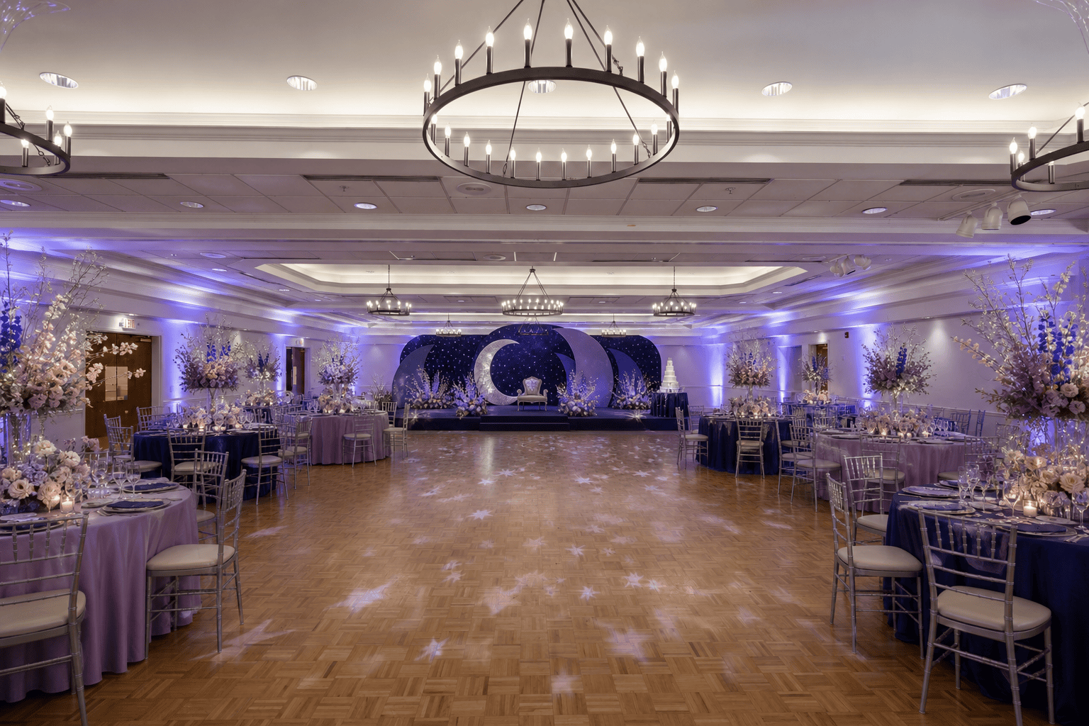 The same hall styled for a celestial quinceañera